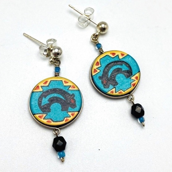 Mato Southwestern Native American Bear Arrow Blue Tribal Ethnic Geometric Dangle - Picture 6 of 16